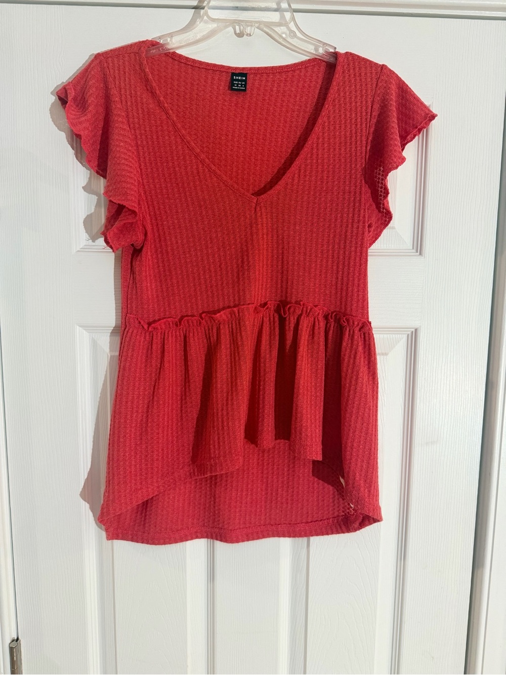 Ladies Size Medium "SHEIN" Coral Red Flutter-Sleeve Peplum Tunic Shirt GUC